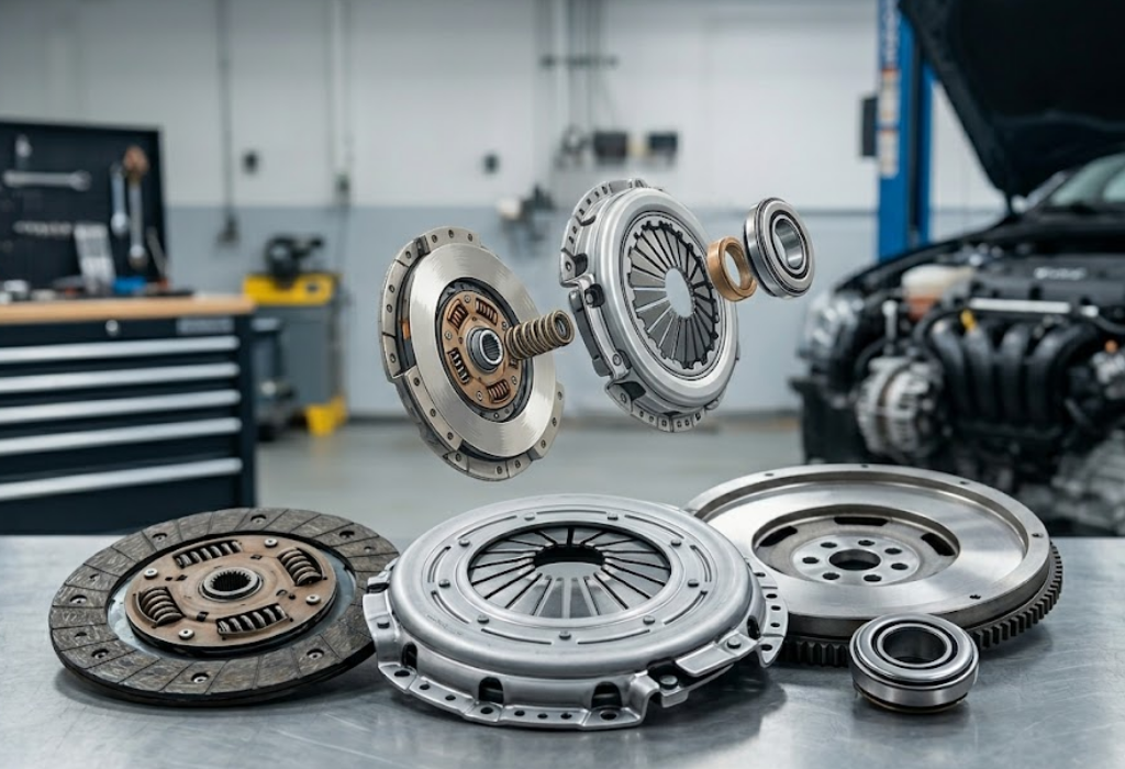A complete 3-piece car clutch kit assembly laid out on a metal workshop table, showing a clutch disc, pressure plate, flywheel, and release bearing inside a garage setting.
